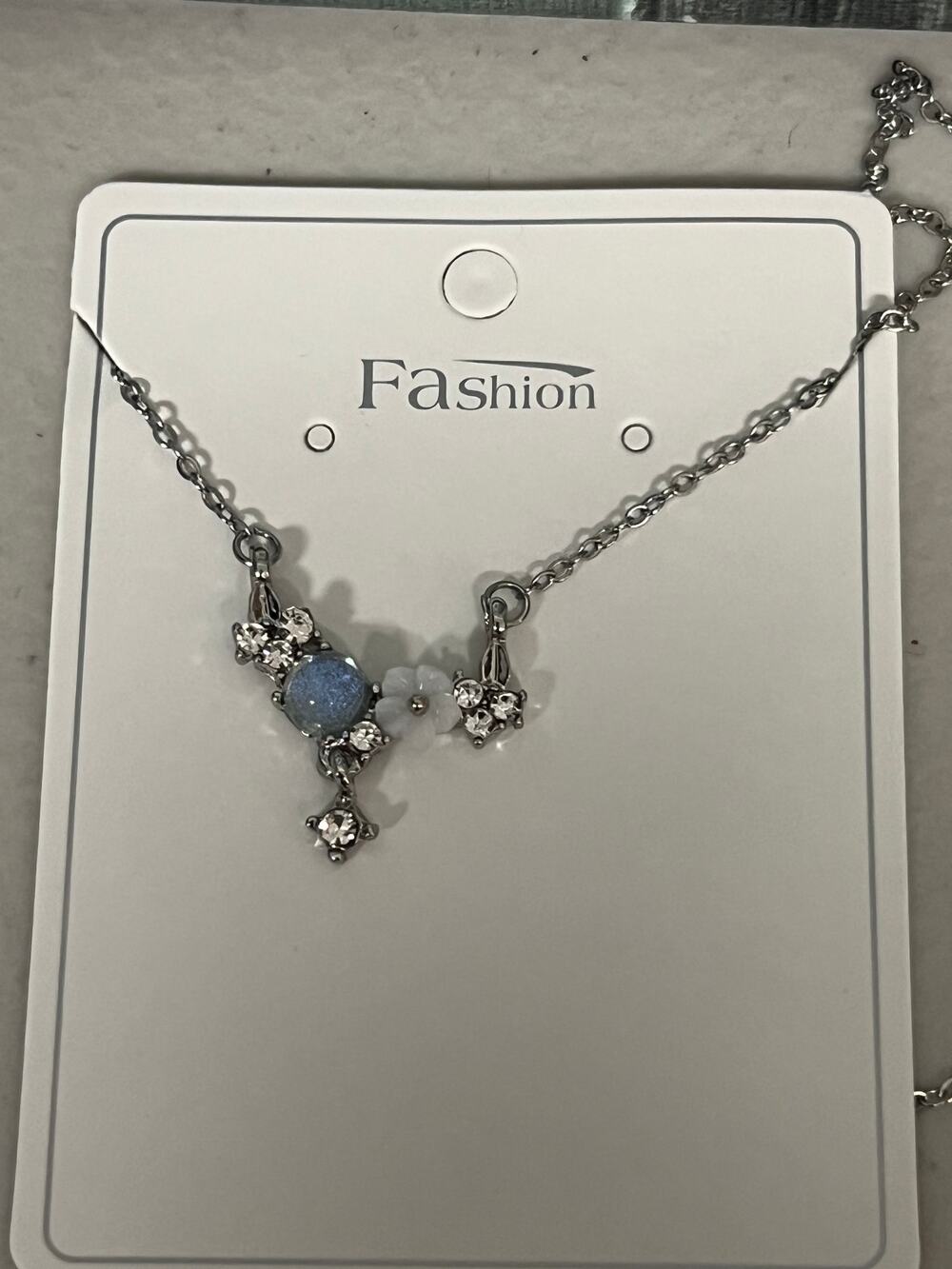 Silver Tone Floral Crystal Pendant Necklace with Opal Accent